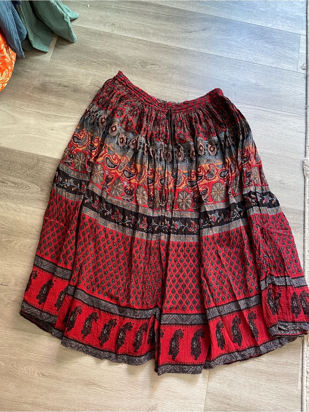 Boho rayon crinkly colourful maxi skirt OS